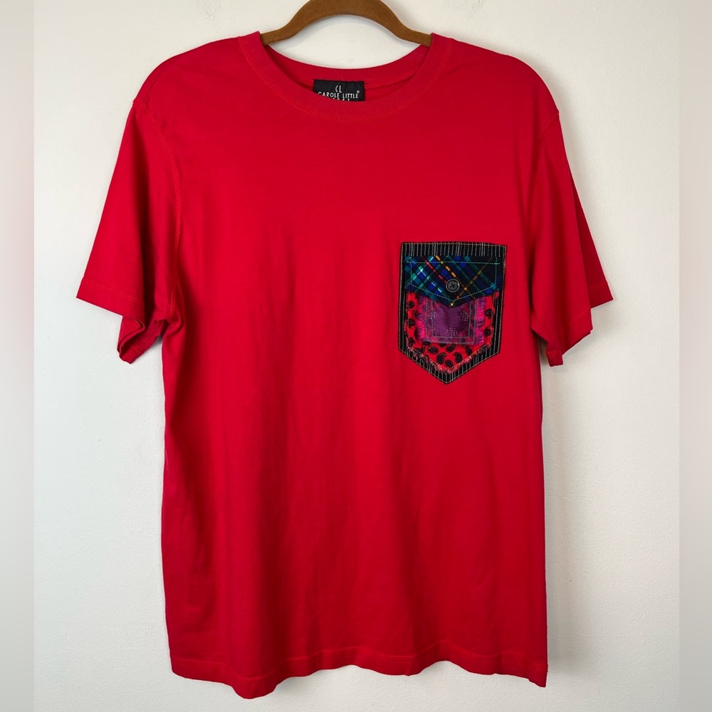 Vintage Carole Little SPORT Red Colorful Artsy Pocket Tee Top Shirt M Boho